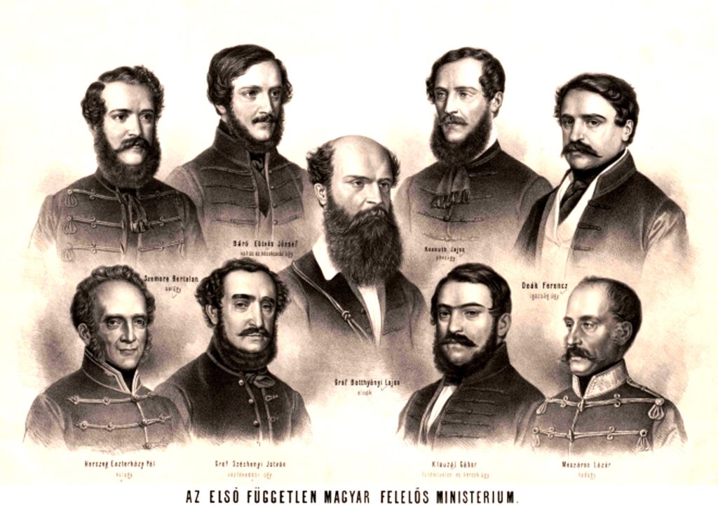 Az első felelős magyar kormány akadémikus tagjai: Deák Ferenc, Eötvös József, Mészáros Lázár, Széchenyi István, Szemere Bertalan