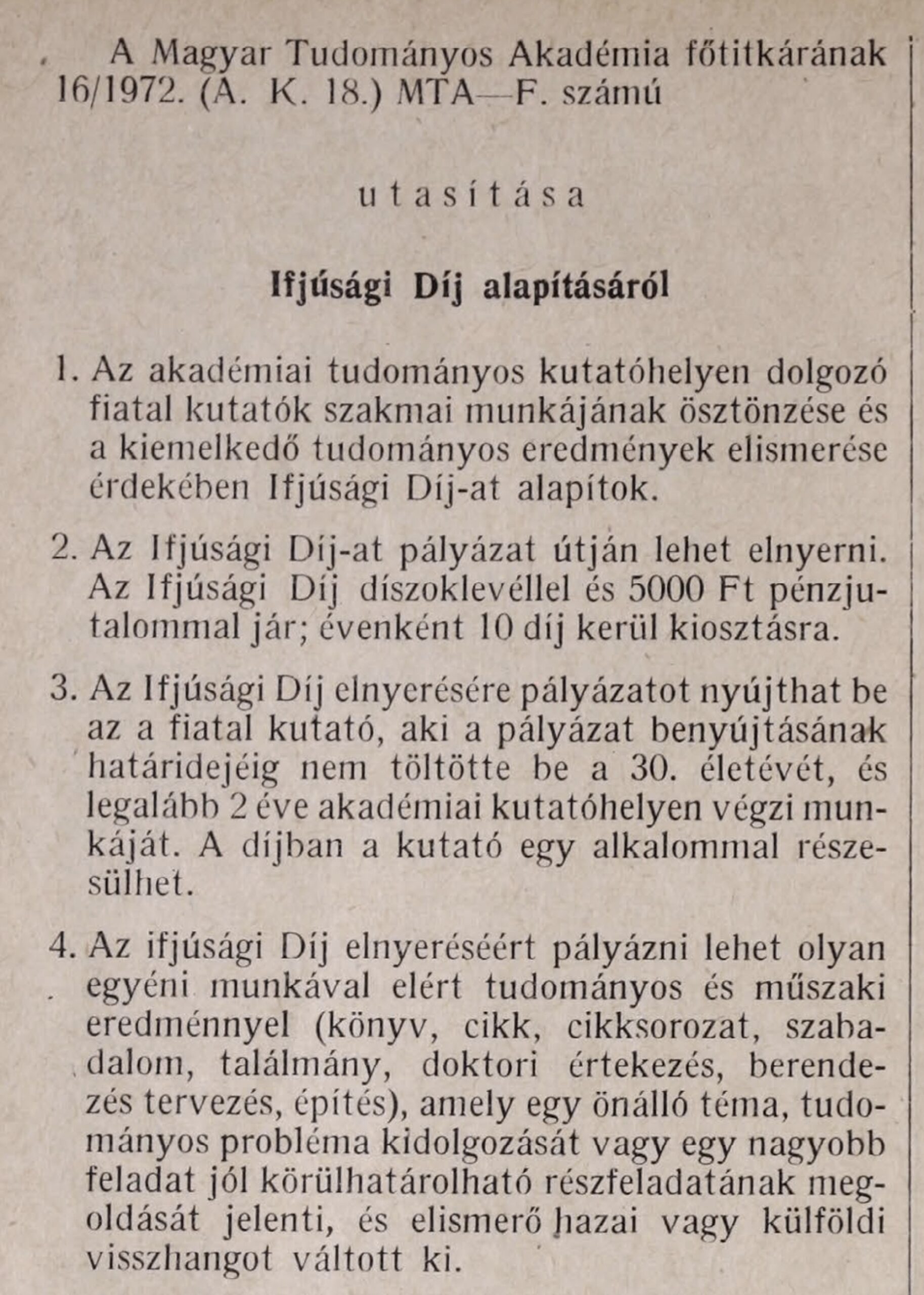 Az Akadémiai Ifjúsági Díj megalapítása